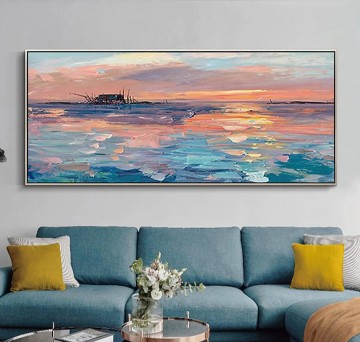 150の主題の芸術作品 Painting - パレットナイフによる海景ピンク波ビーチアート壁装飾海岸テクスチャ